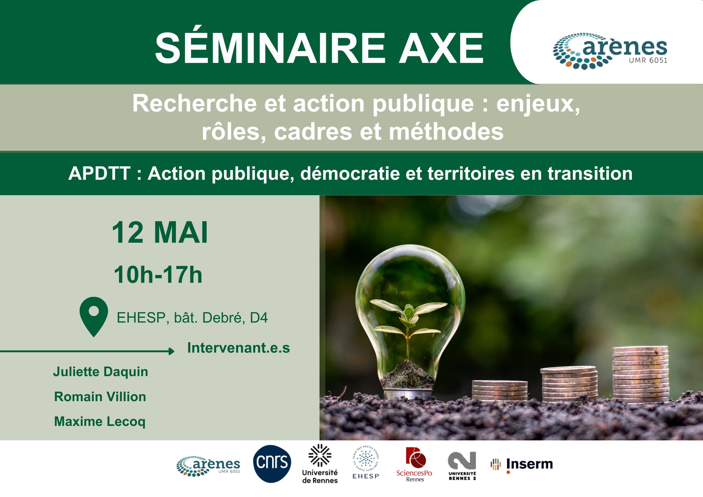 Séminaire Axe 3_table-ronde_Recherche et action publique_enjeux_roles_méthodes_RECADRE_12-05-2025 ampoule avec une plante à l'intérieur et posée à coîté de pièces de monnaies